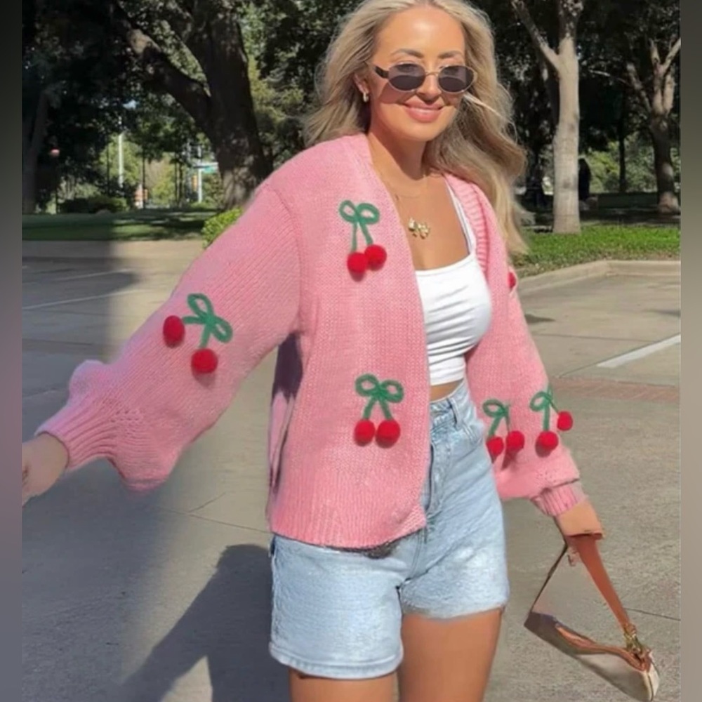 Katydid Pink Cardigan with Cherry Accents